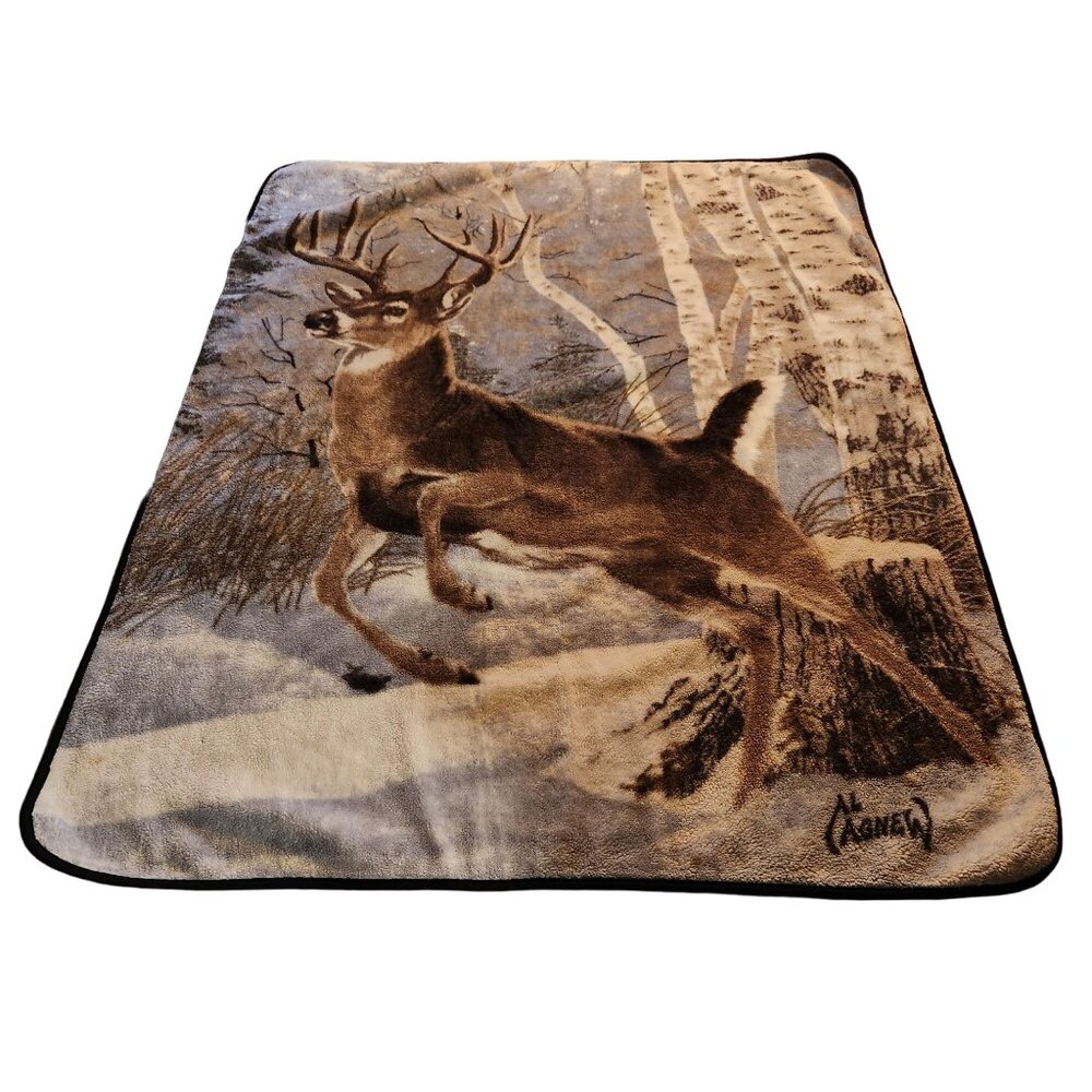 Vintage Al Agnew Deer Print Fleece Throw Blanket